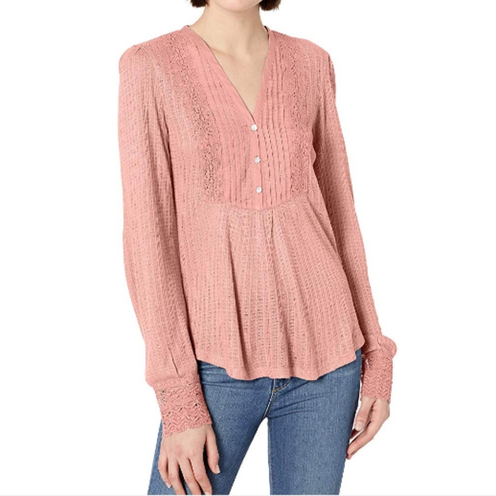 Lucky Brand Top Pink Henley Long Sleeve V Nevk Pintuck Coquette Girl Shirt